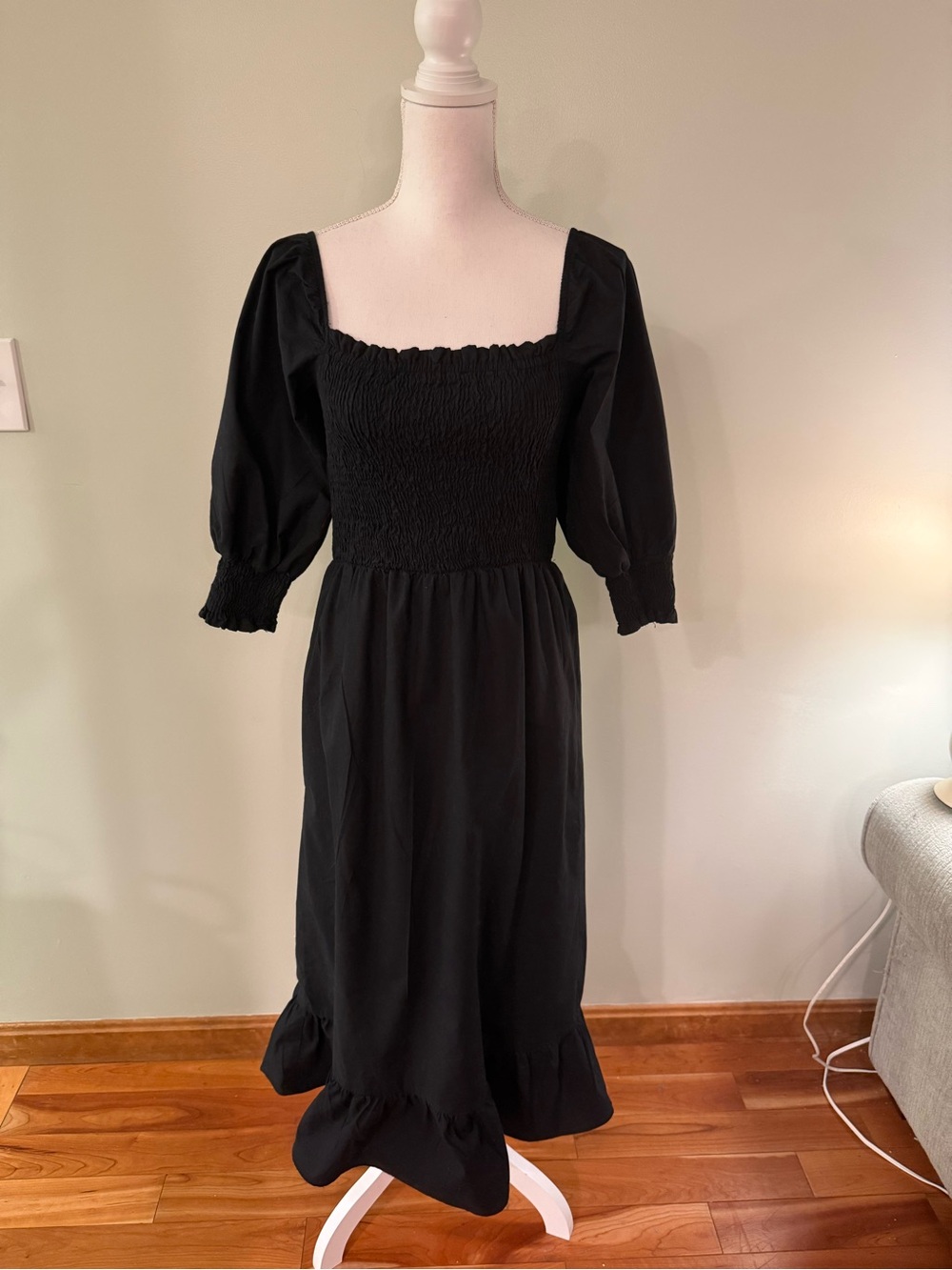 Sim & Sam Black Smocked Boho Peasant Midi Dress with Puff Sleeves